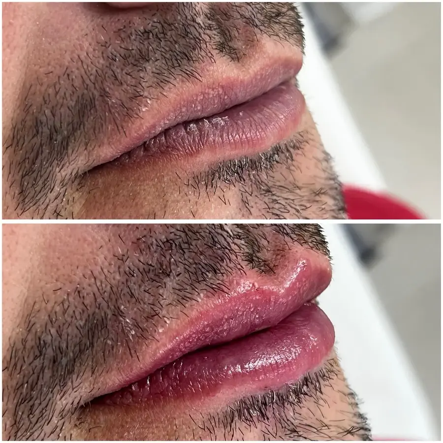 Antes e depois de preenchimento labial masculino